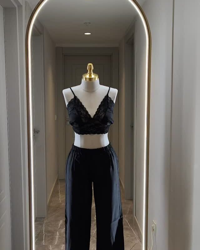 Dantel Braletli Saten Bol Paça Takım Alt Üst Pijama Takımı