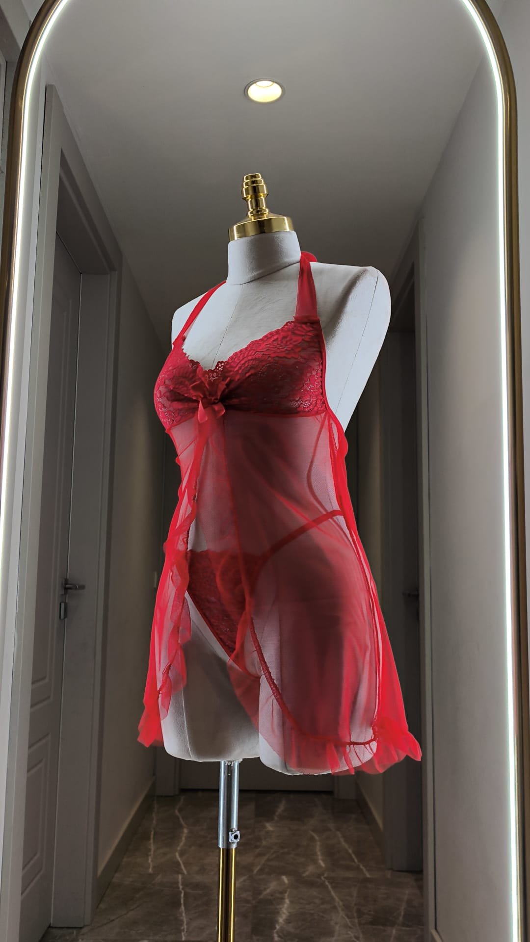 Kırmızı Tül Dantel Fantazi Gecelik Takımı