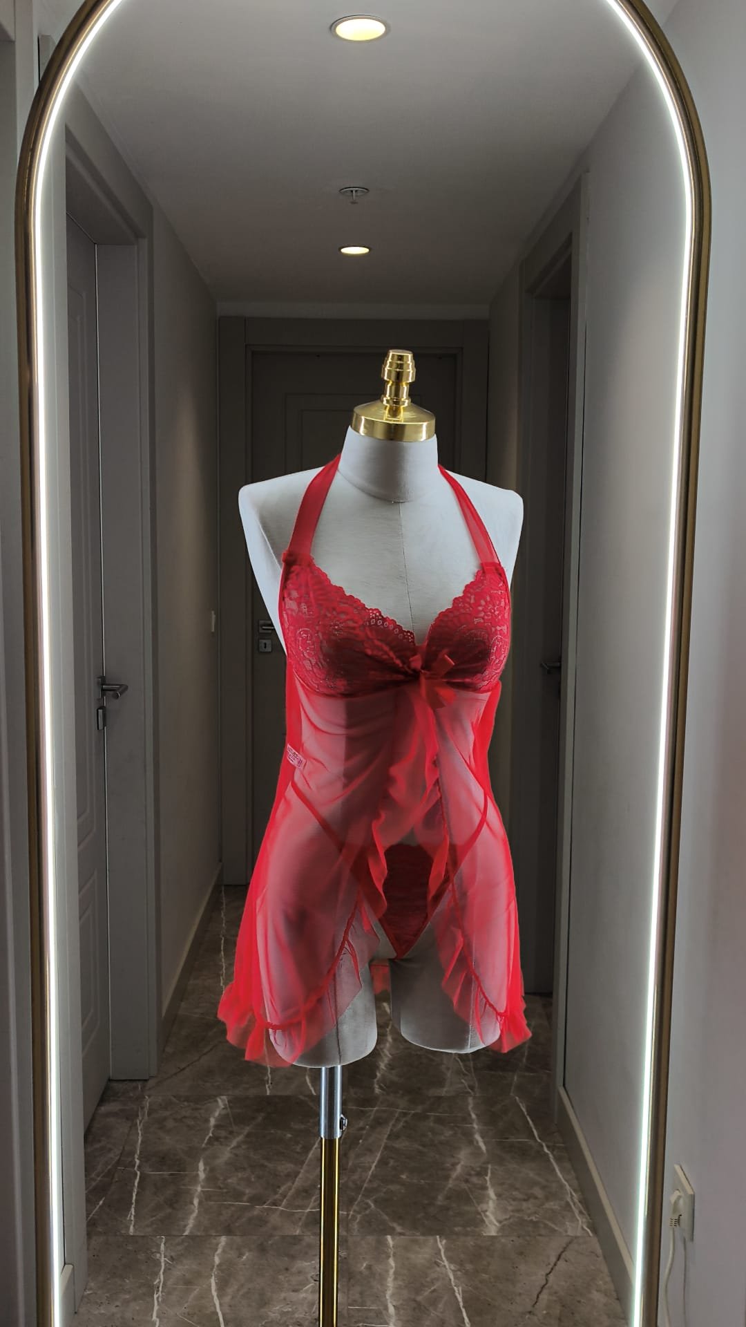 Kırmızı Tül Dantel Fantazi Gecelik Takımı