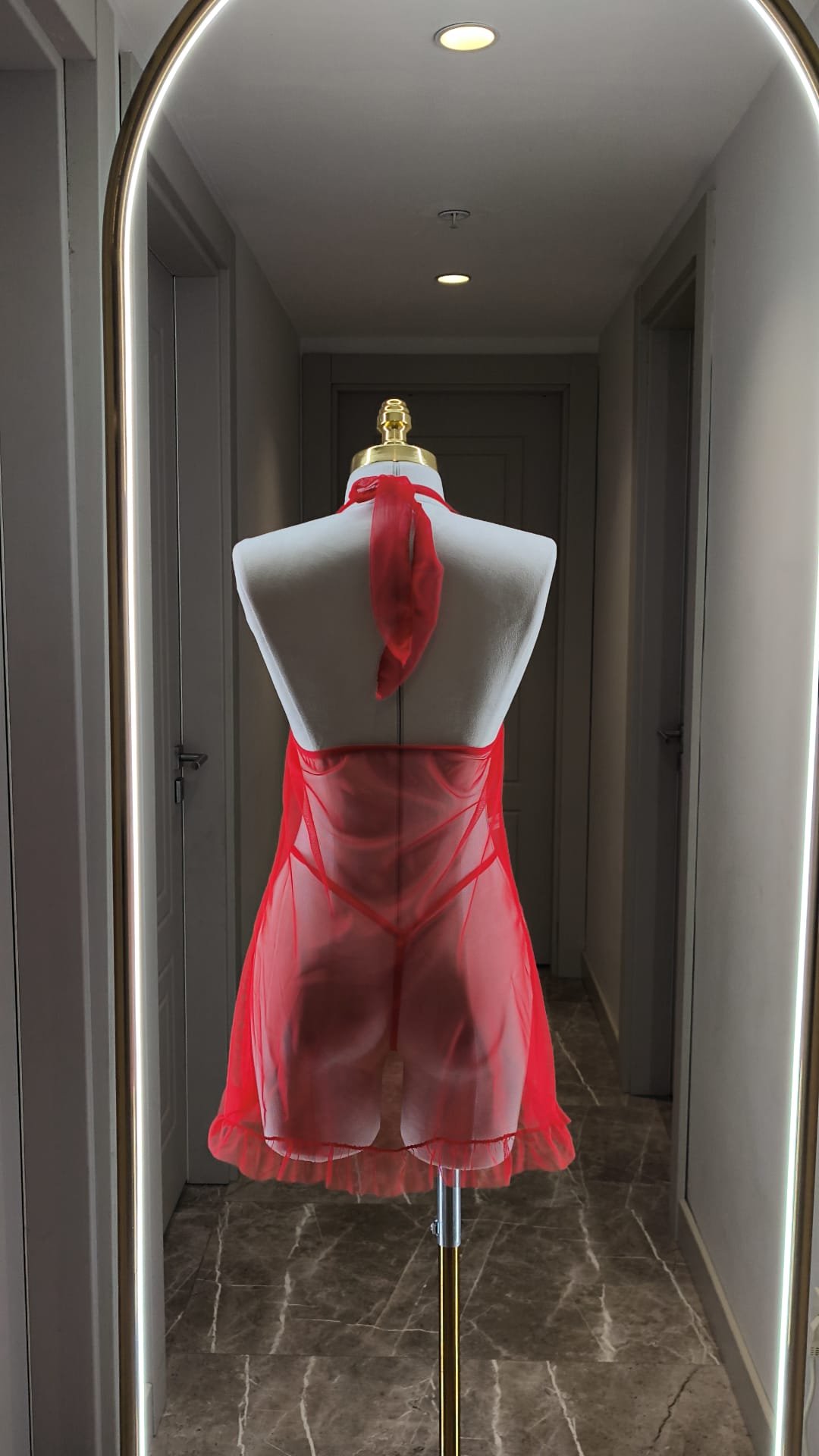 Kırmızı Tül Dantel Fantazi Gecelik Takımı